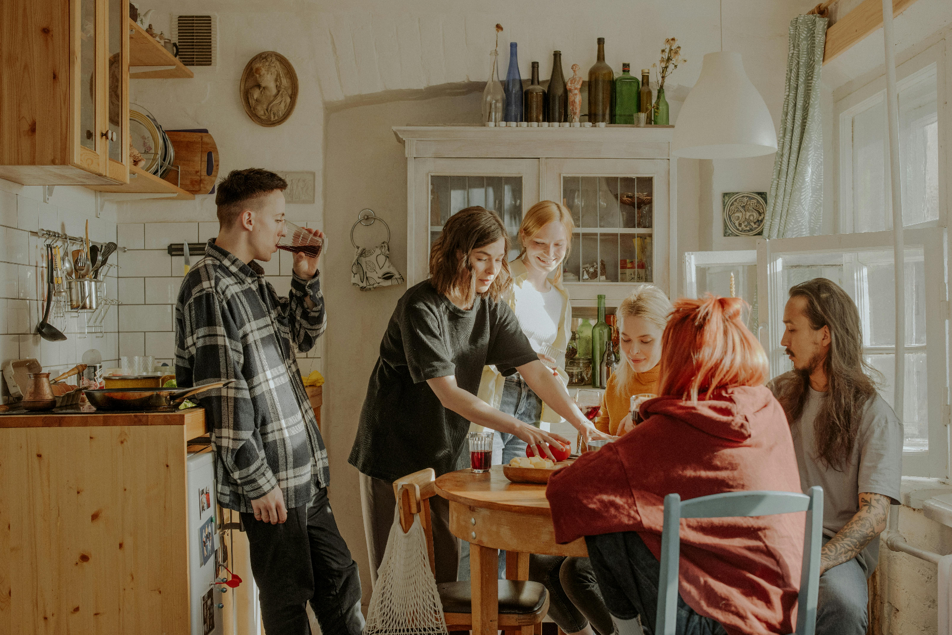 A sunlit London share house kitchen